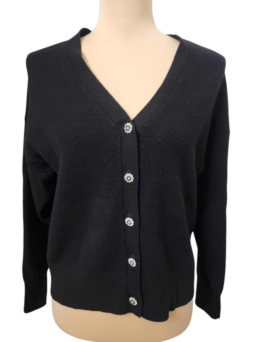 Zara Size L Black V-Neck Cardigan with Floral Rhinestone Buttons, NWOT